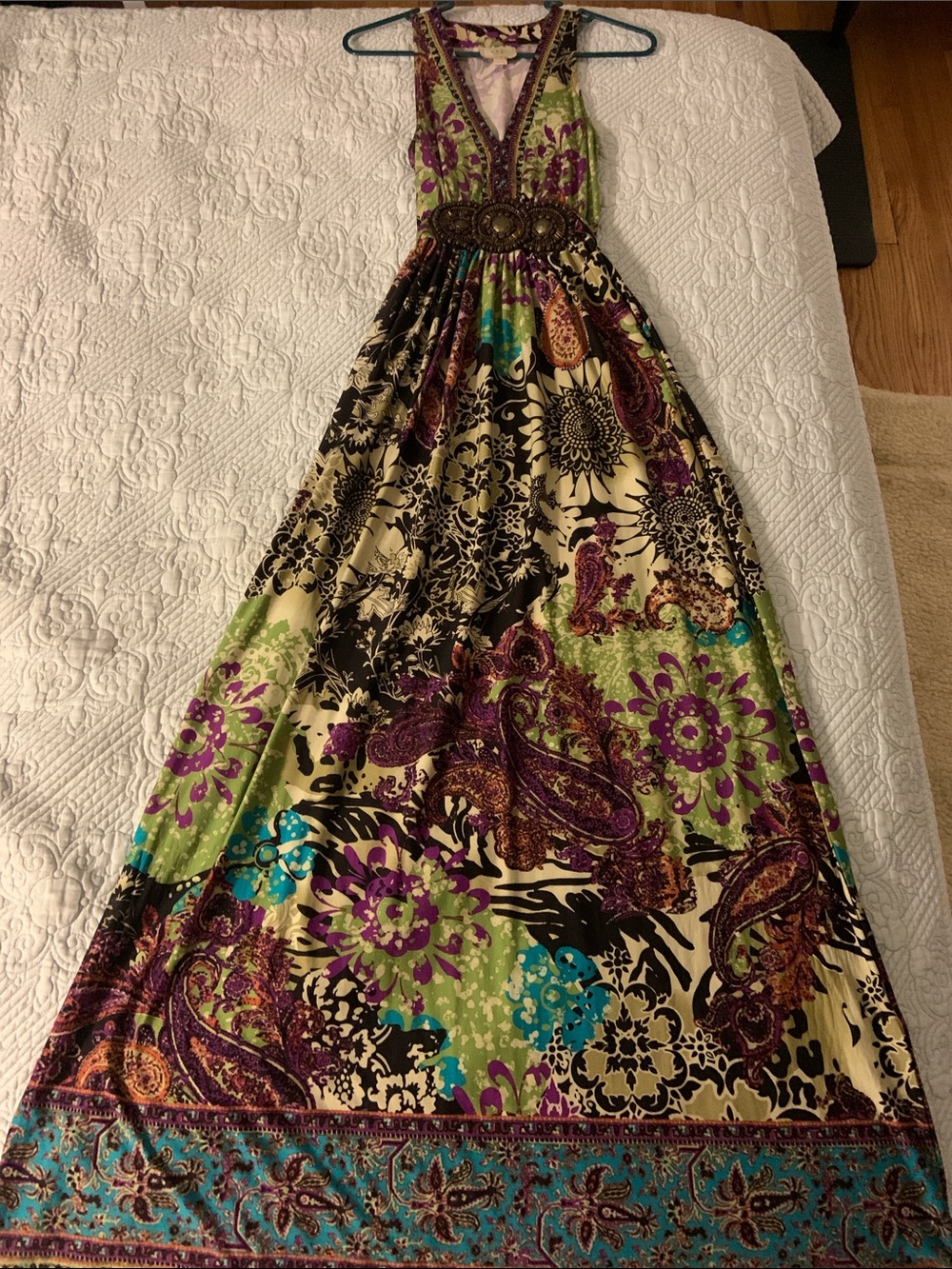 ECI New York Boho Floral Paisley Maxi Dress Beaded Wood Details